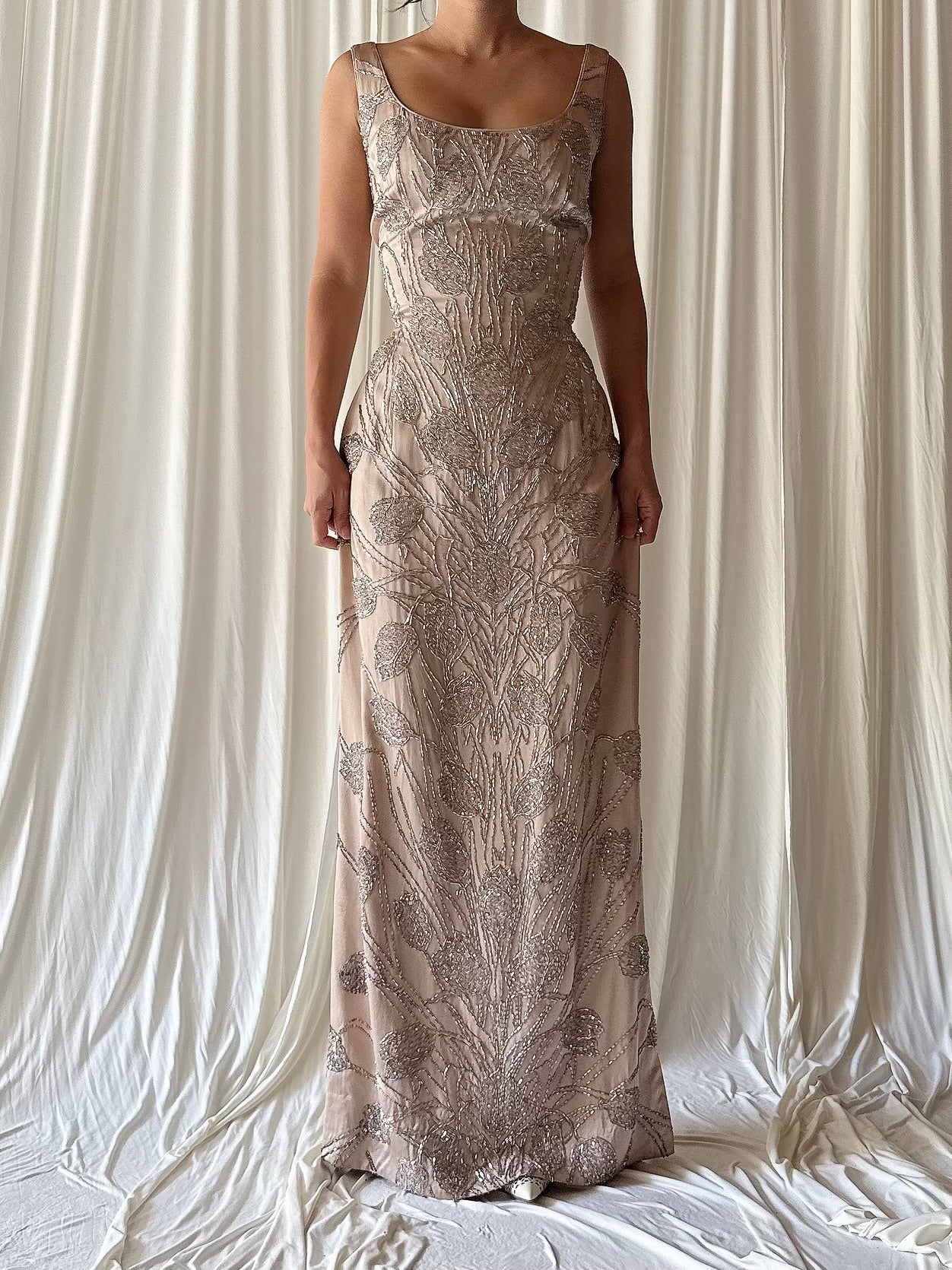 1960s Dusty Pink Silk Beaded Gown - S/M