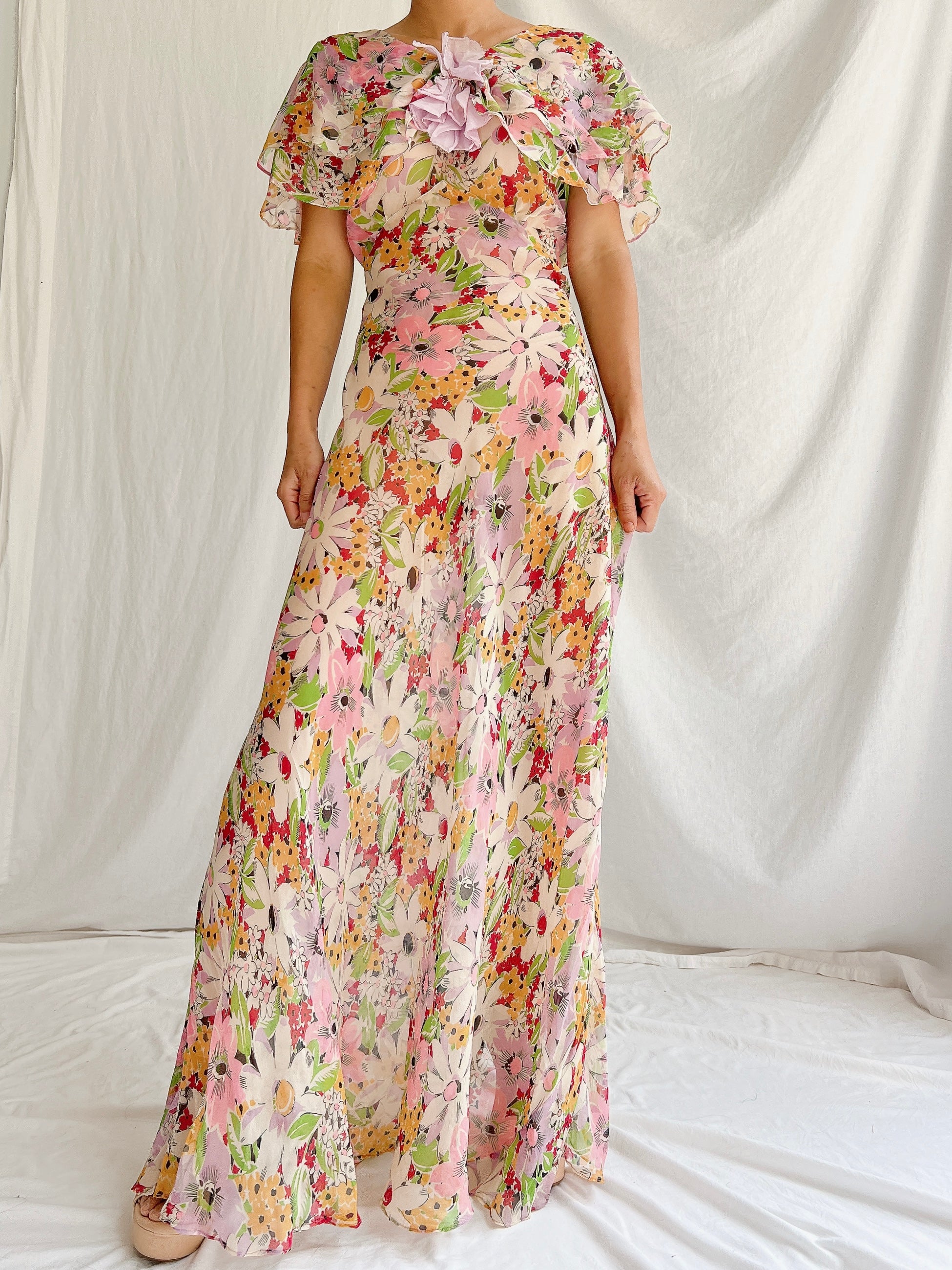 1930s Silk Floral Gown - XS/S