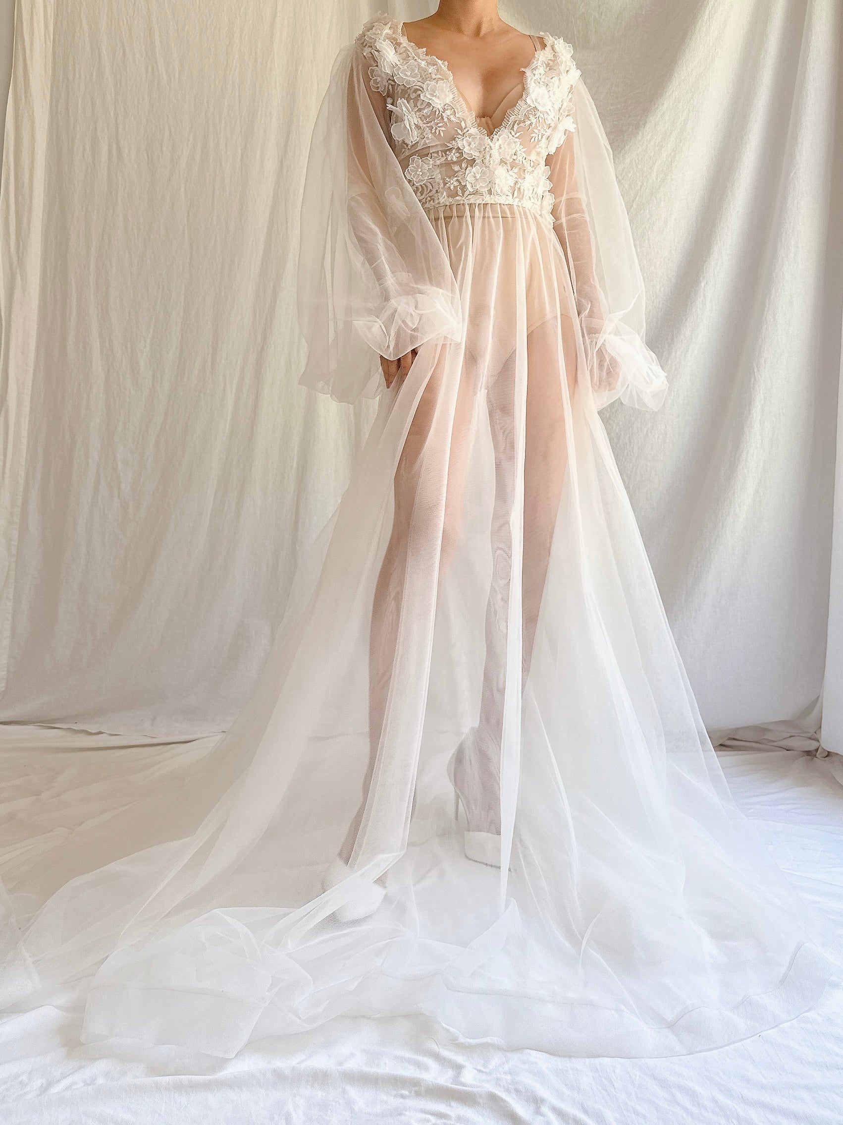GOSSAMER Sheer Puff Sleeves Gown - S