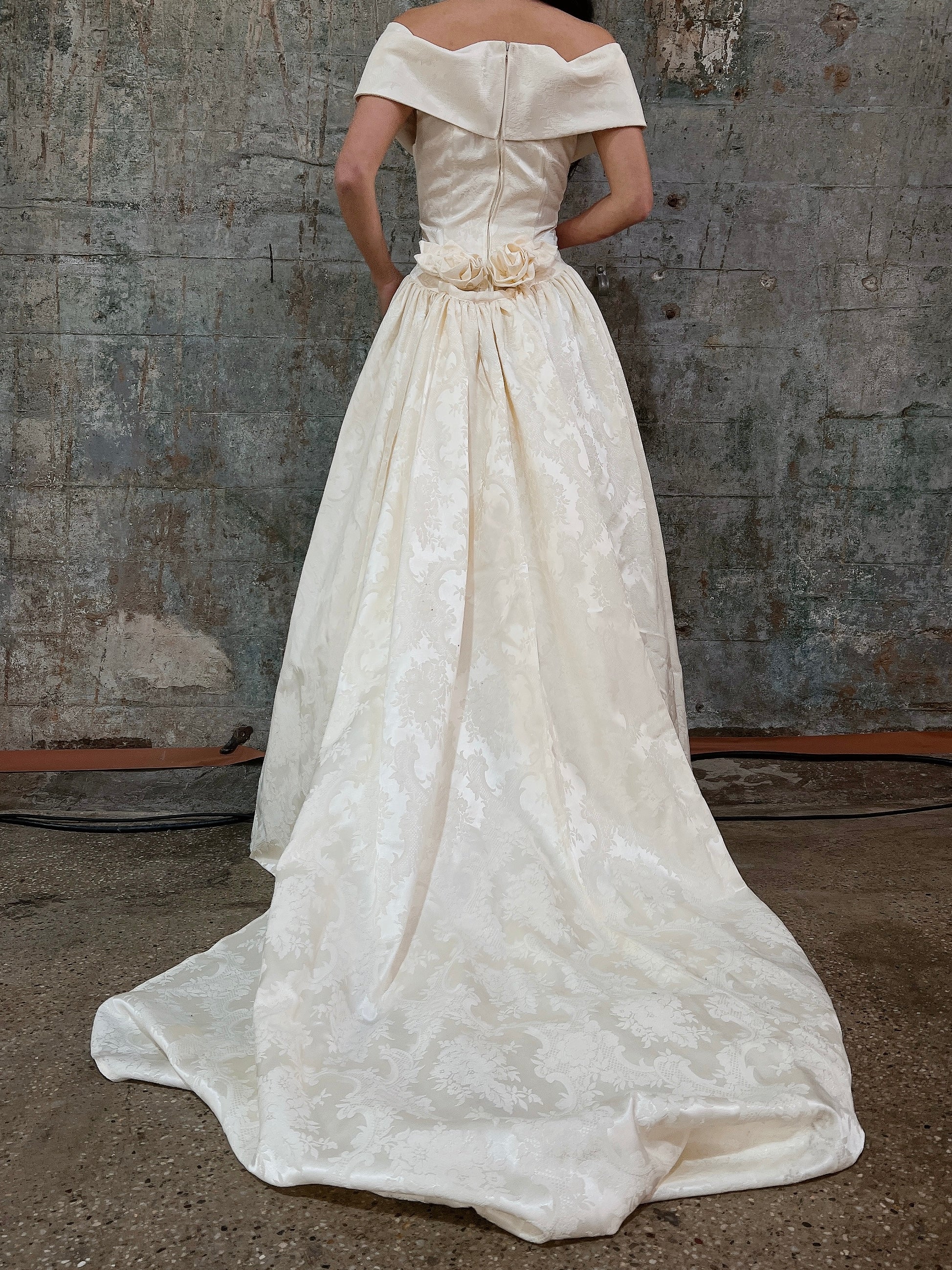 Vintage Brocade Off-the-Shoulder Gown with Train - M