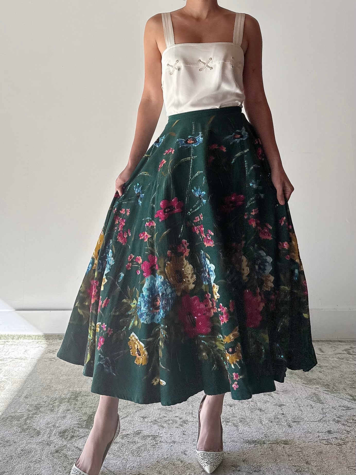 Vintage Monica Velvet Beaded Floral Skirt - M