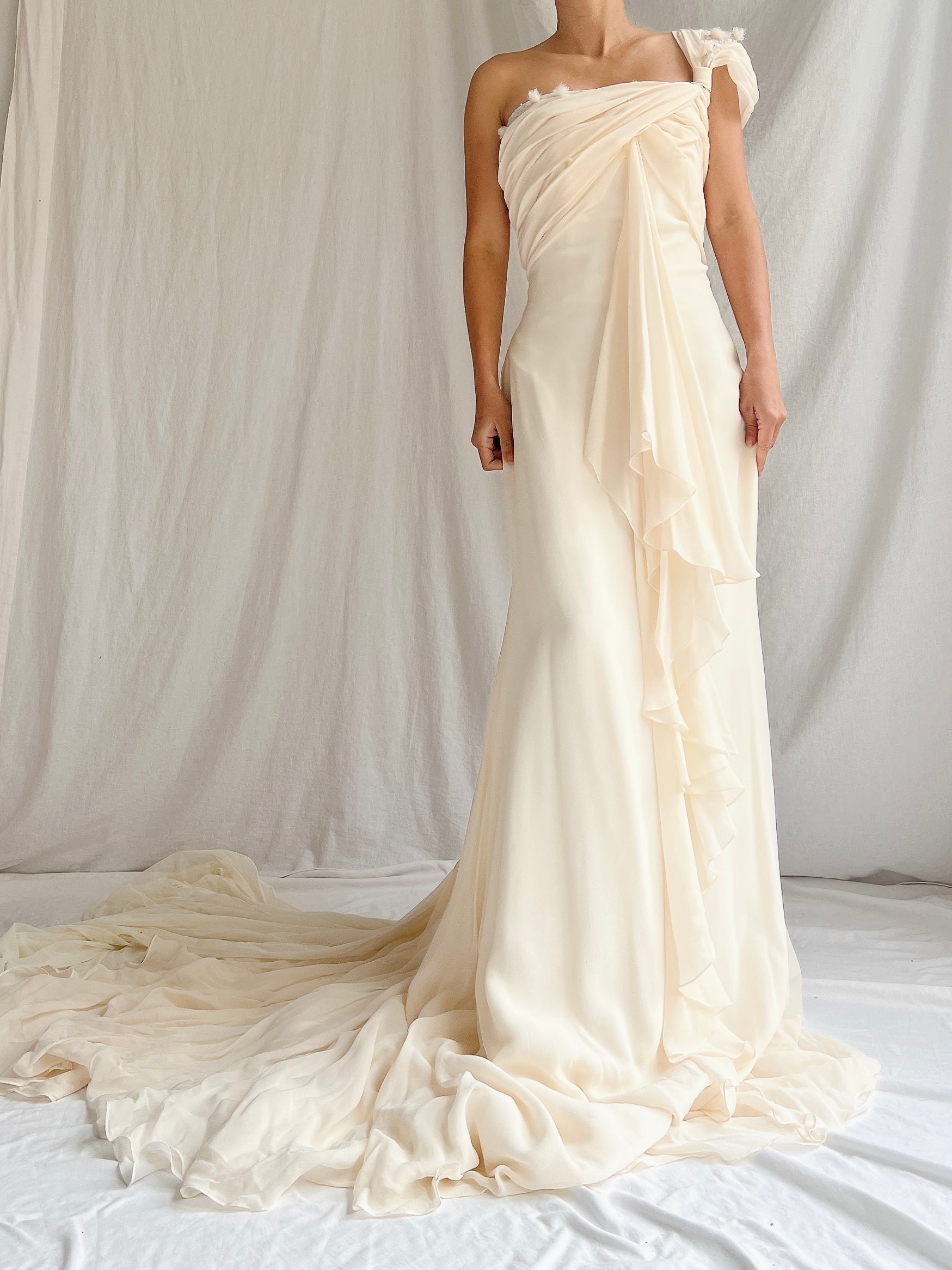 Vintage Silk One-Shoulder Gown - M