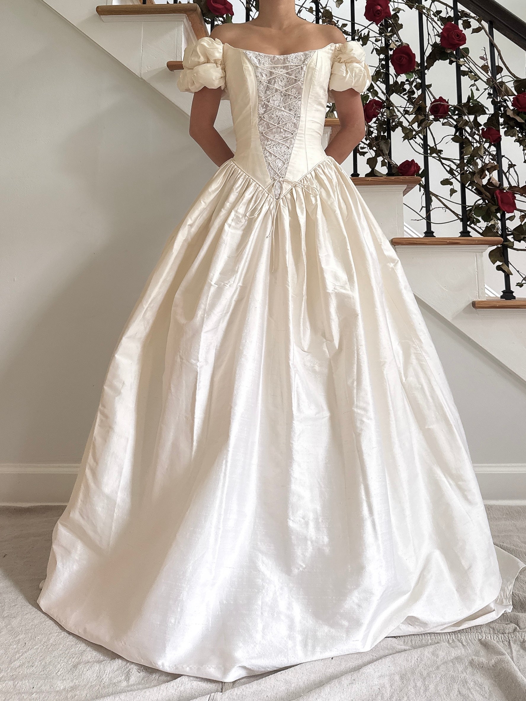 Vintage Guzzo Toronto Off-the-Shoulder Silk Dupioni Gown - S
