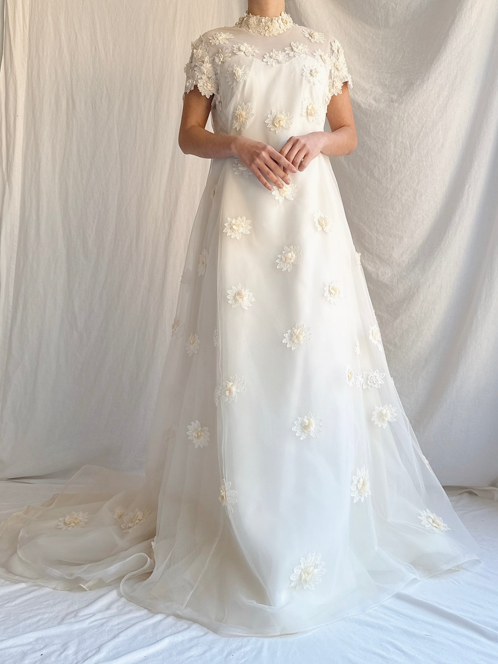 1960s Tulle and Organza Floral Applique Gown - S/M