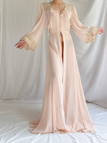 1940s Peach Chiffon Poet Sleeves Dressing Gown - S