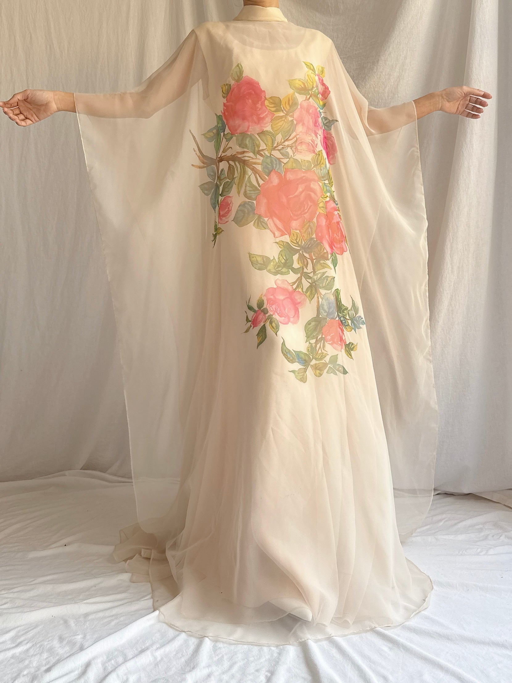 1960s Chiffon Rose Cape Dress - M