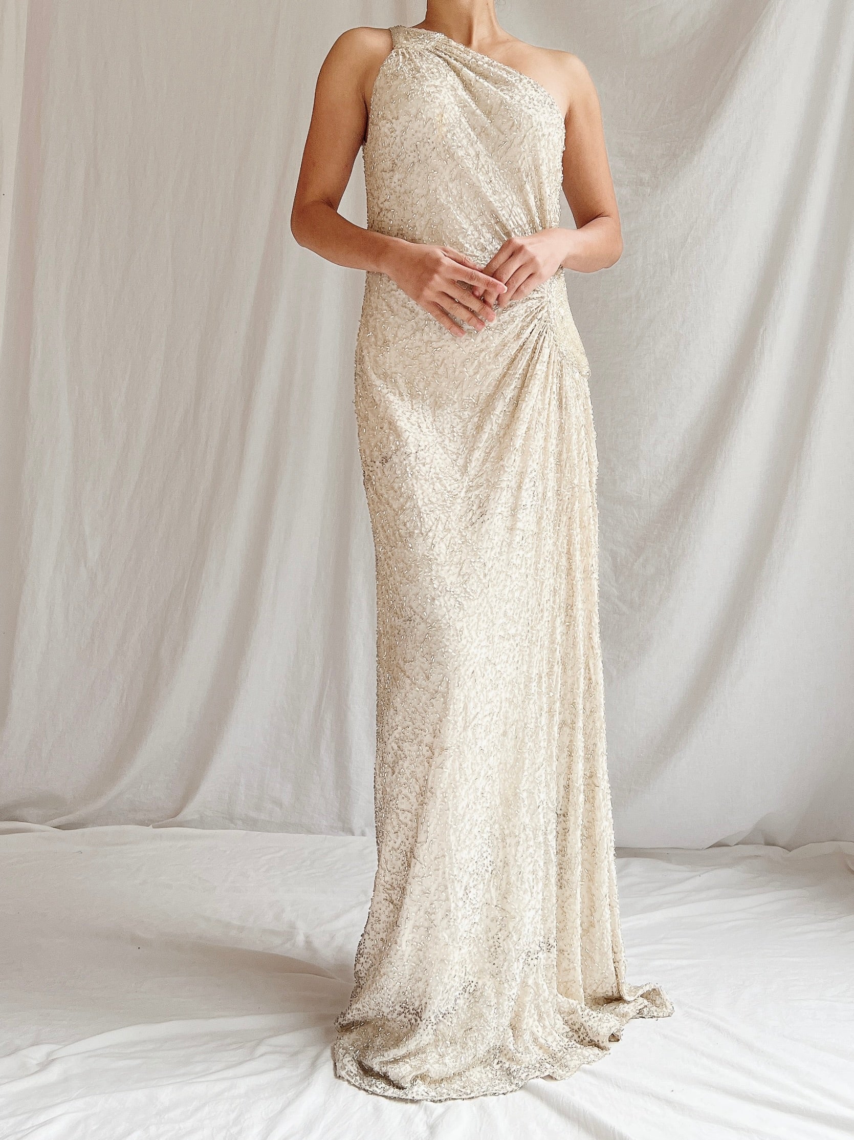 Vintage Silk One Shoulder Beaded Gown - M 6/8