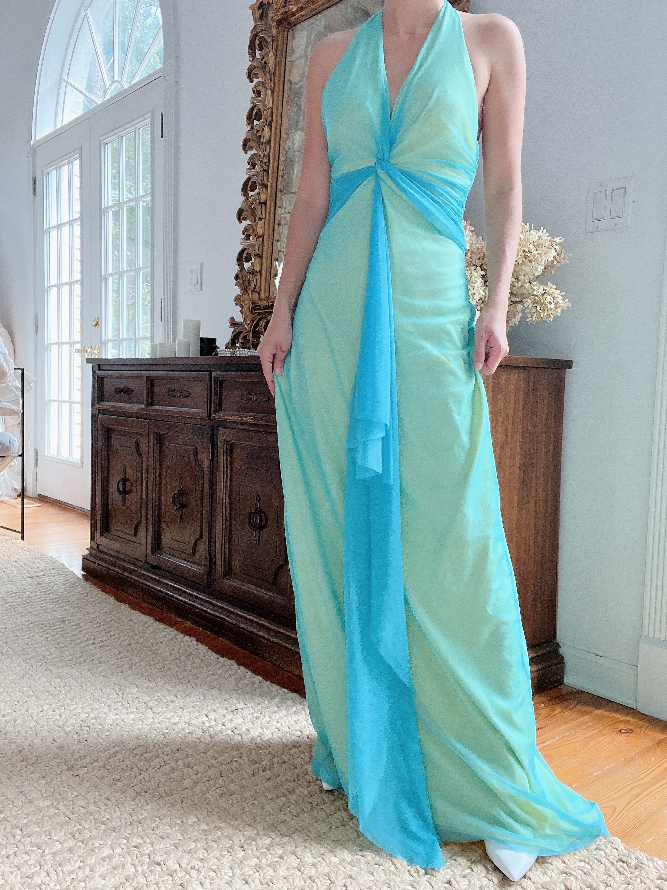 Y2K Teal and Yellow Gown - XS