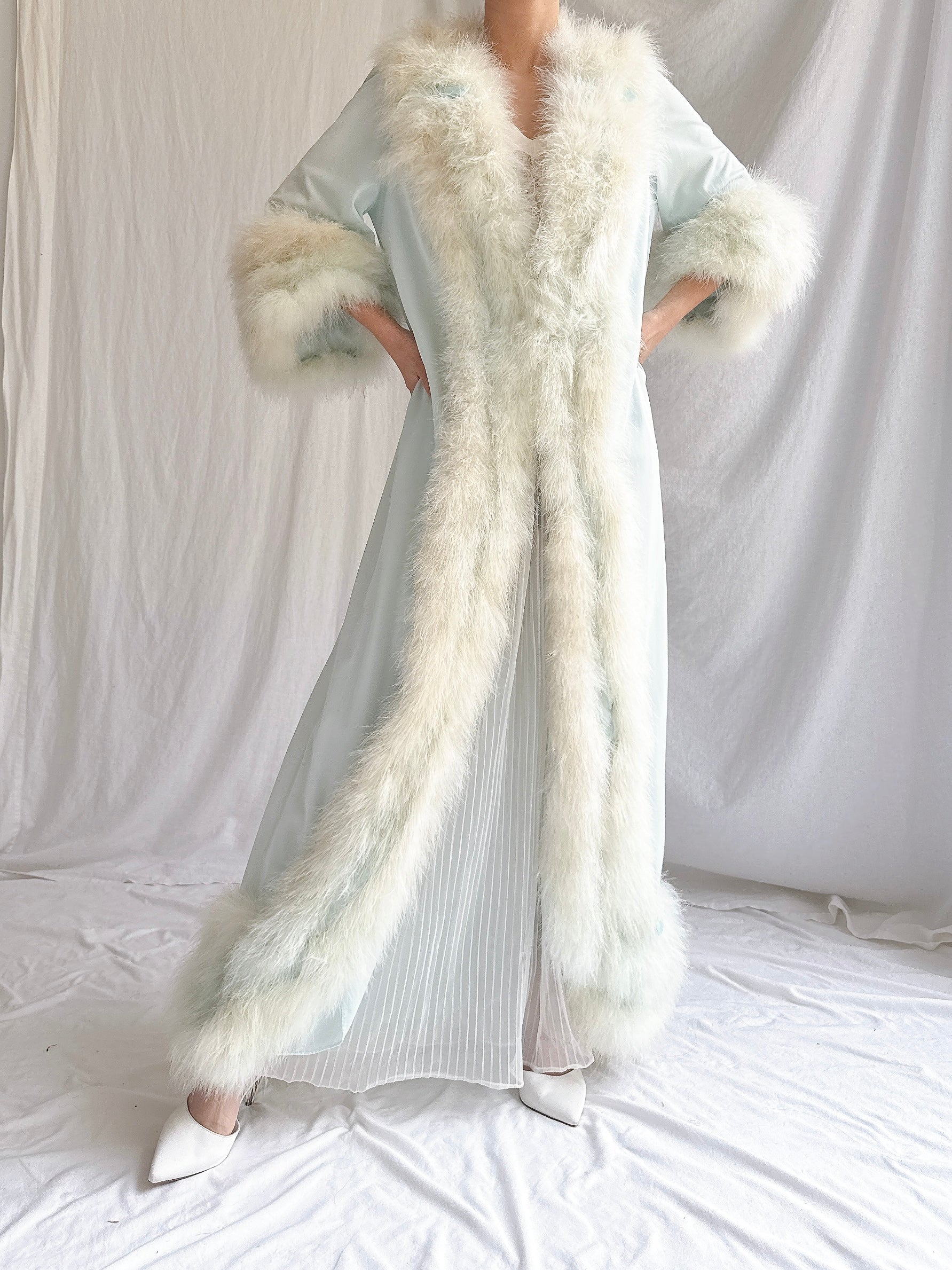 Rare 1960s Heft Baby Blue Marabou & Nylon Duster - OSFM