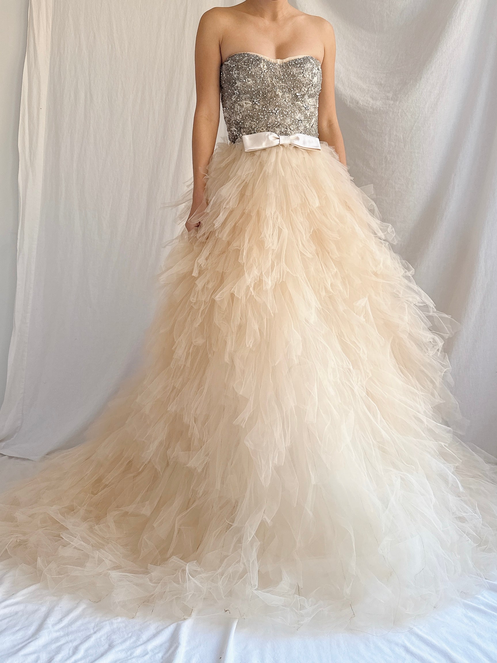 Monique Llhuilier Tulle and Beaded Gown - S/4