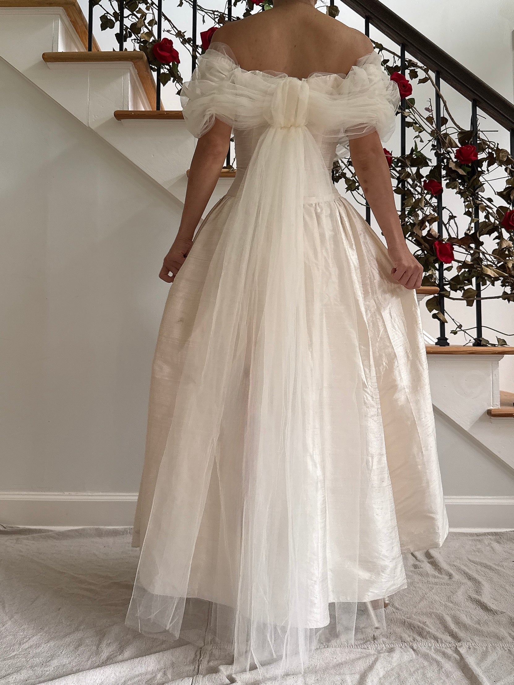 Vintage Raw Silk Tulle Dress Off The Shoulder - S/M