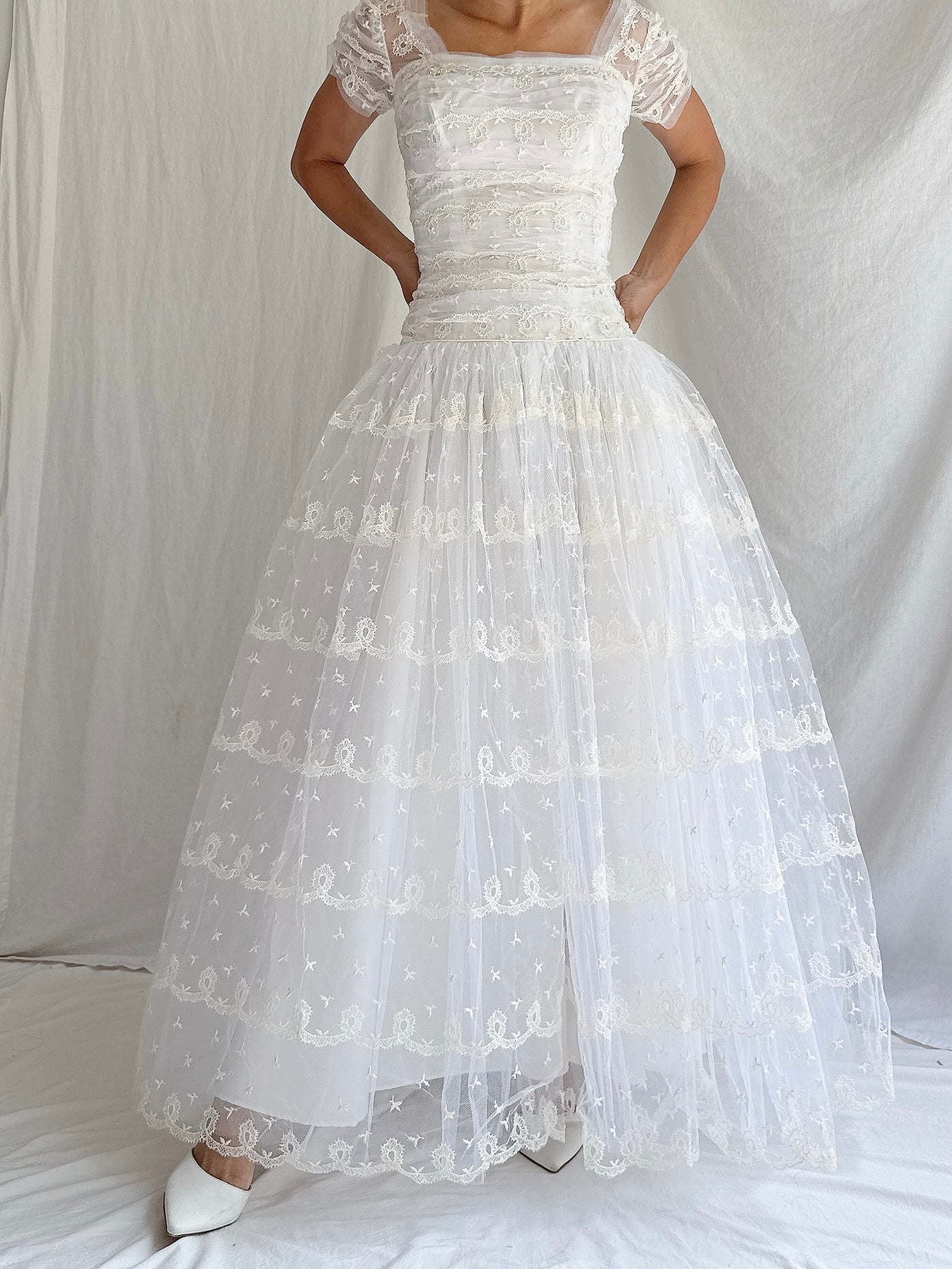 1950s Tulle Dropped Waist Embroidered Dress - S