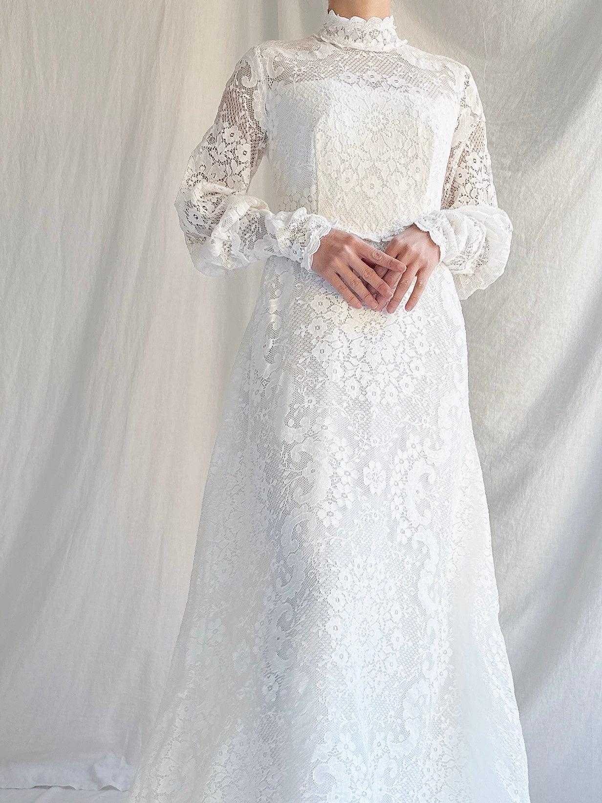 Vintage Crochet Lace Poet Sleeve Gown - S