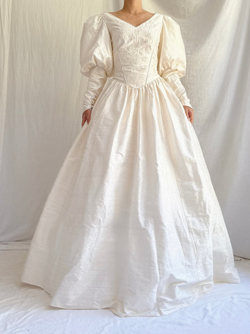1980s Raw Silk Puff Sleeve Gown - 8/10