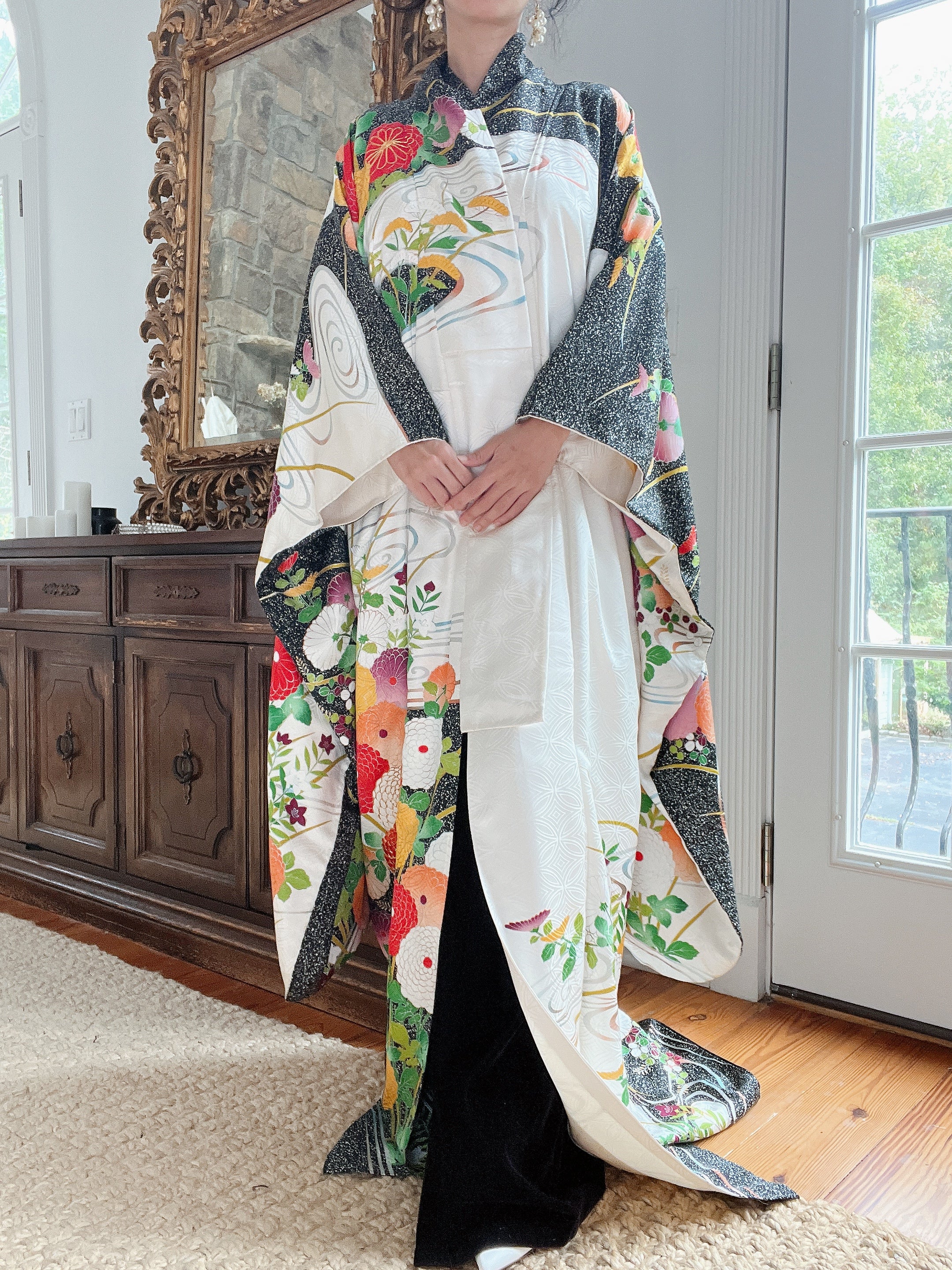 Vintage Silk Black and Green Floral Kimono - OSFA