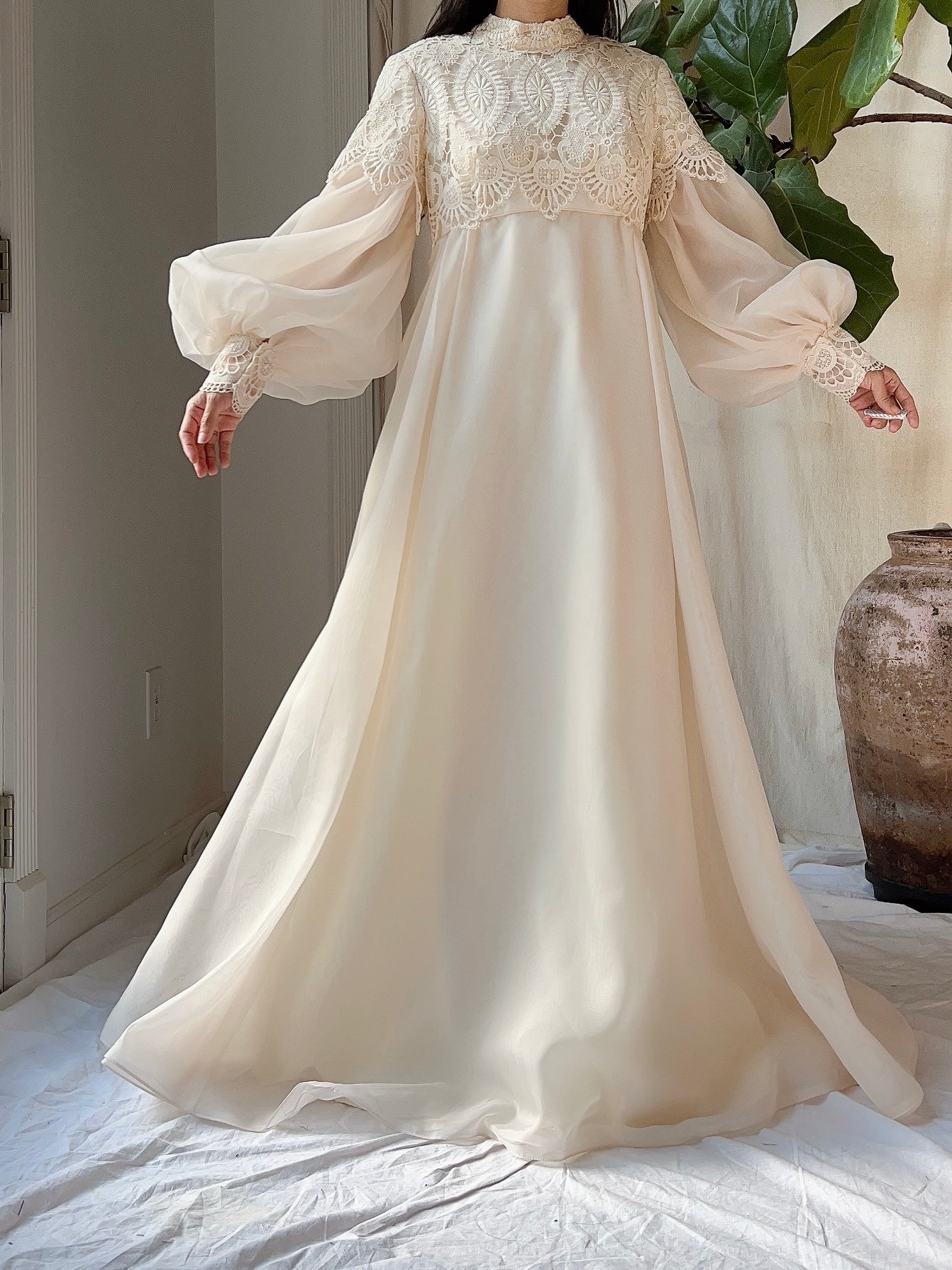 Vintage Puff Sleeves High Neck Gown - M