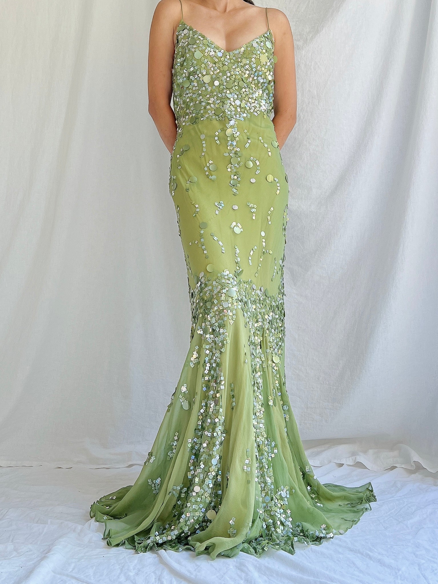 Vintage Green Bias Cut Silk Gown - S