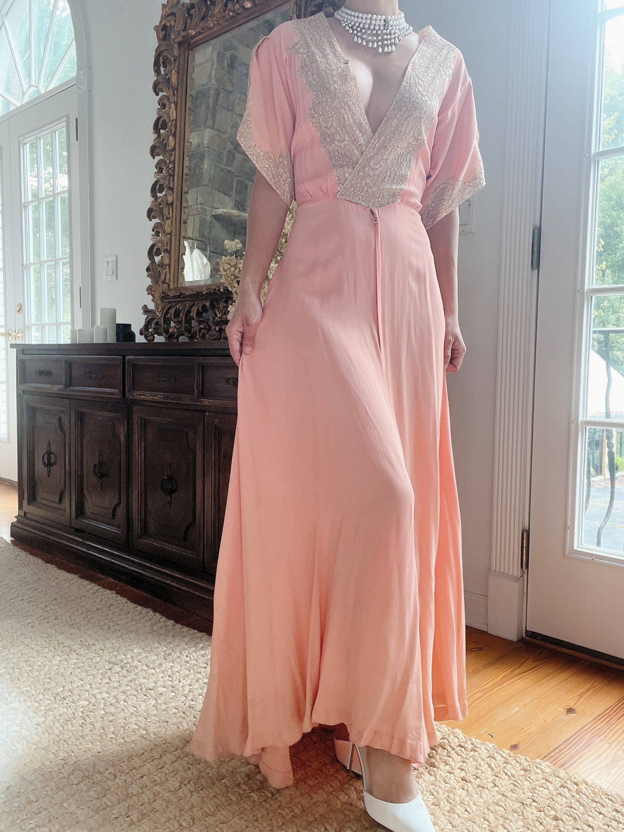 1940s Pink Silk Crepe Dress - M/L