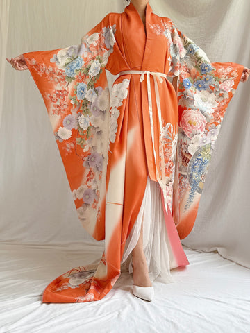 Vintage Orange Silk Kimono - OSFM