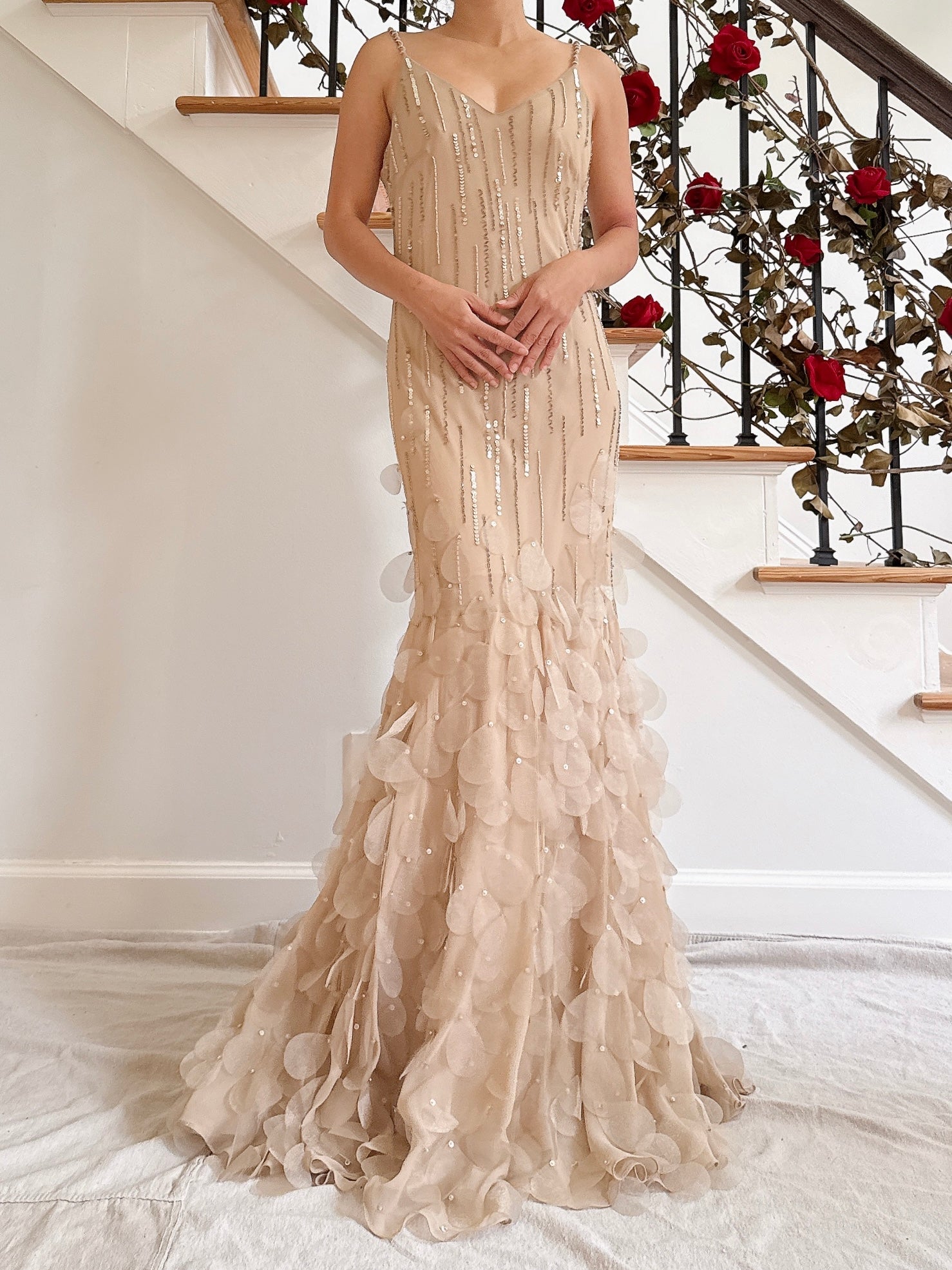 Vintage Bias Cut Nude Silk Petal Gown - Size S/M