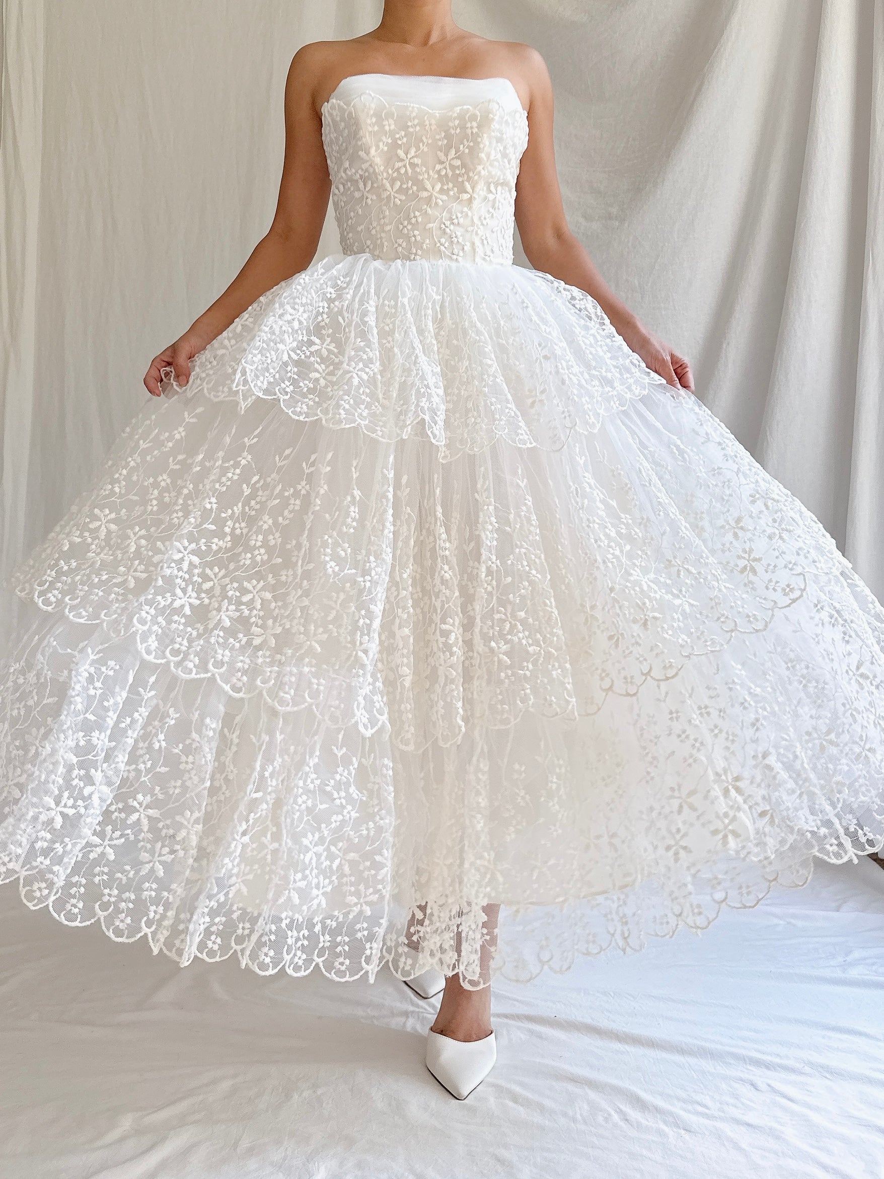 1950s Tulle Embroidered Dress - XS