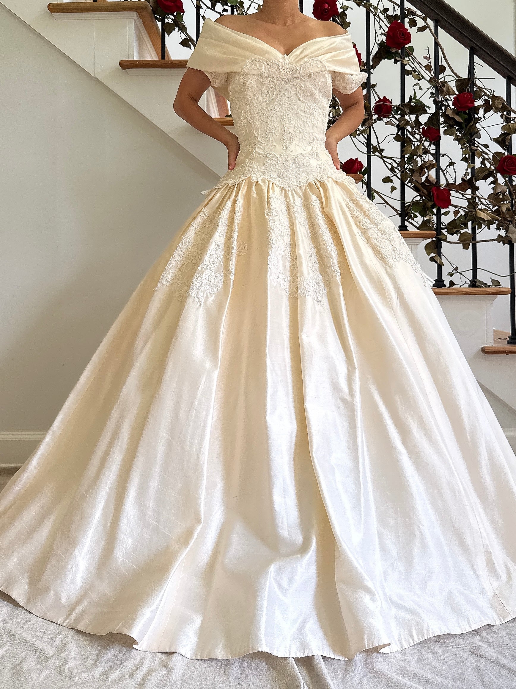 Vintage Saks 5th Ave Silk Off-the-Shoulder Gown - M