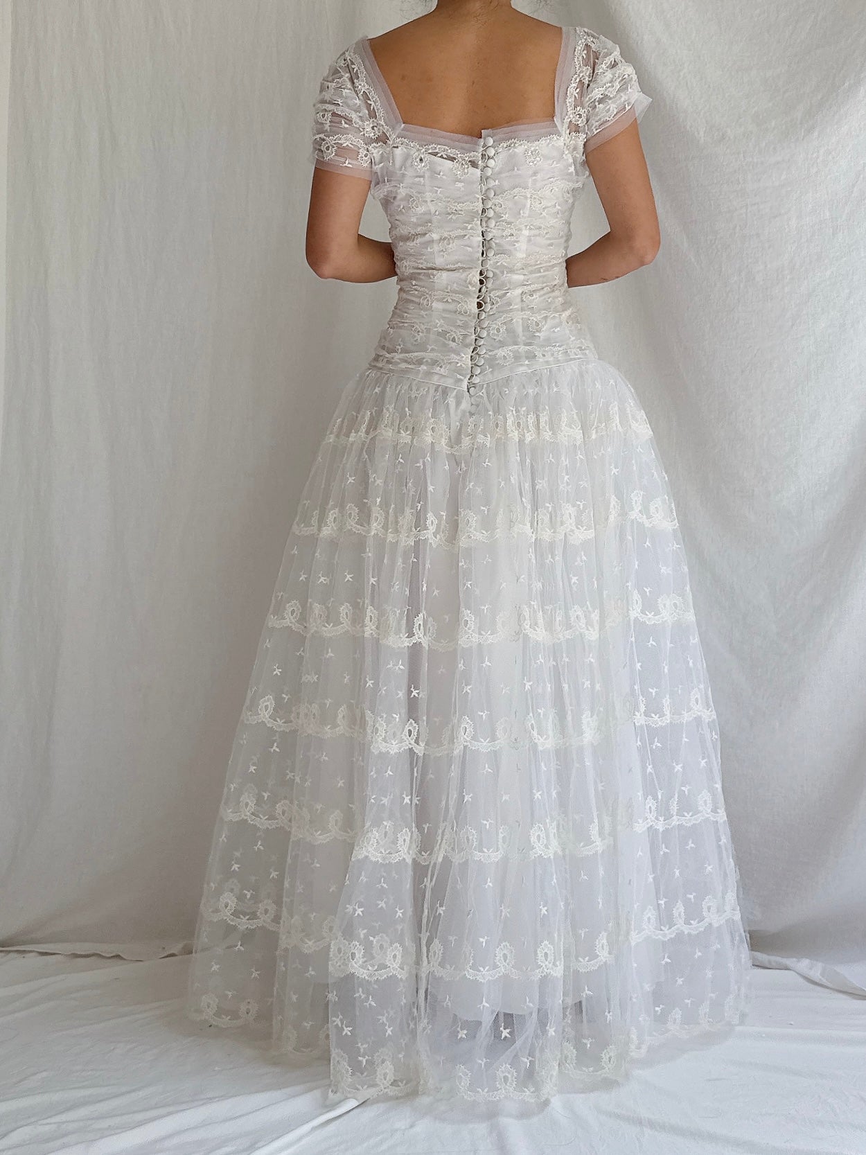 1950s Tulle Dropped Waist Embroidered Dress - S