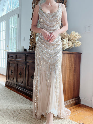 Nude and Gold Beaded Gown - S