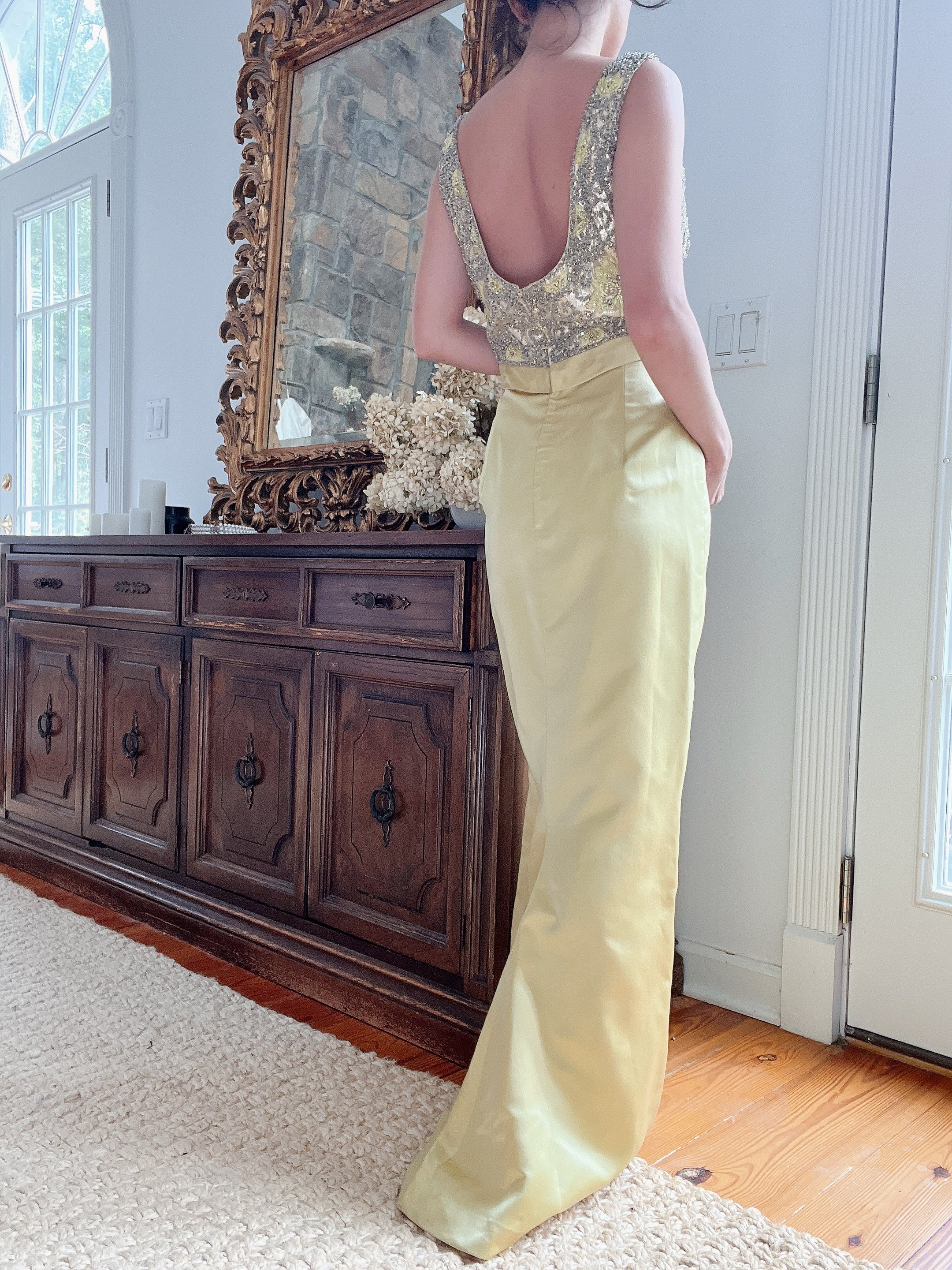 1960s Chartreuse Silk Beaded Gown - S