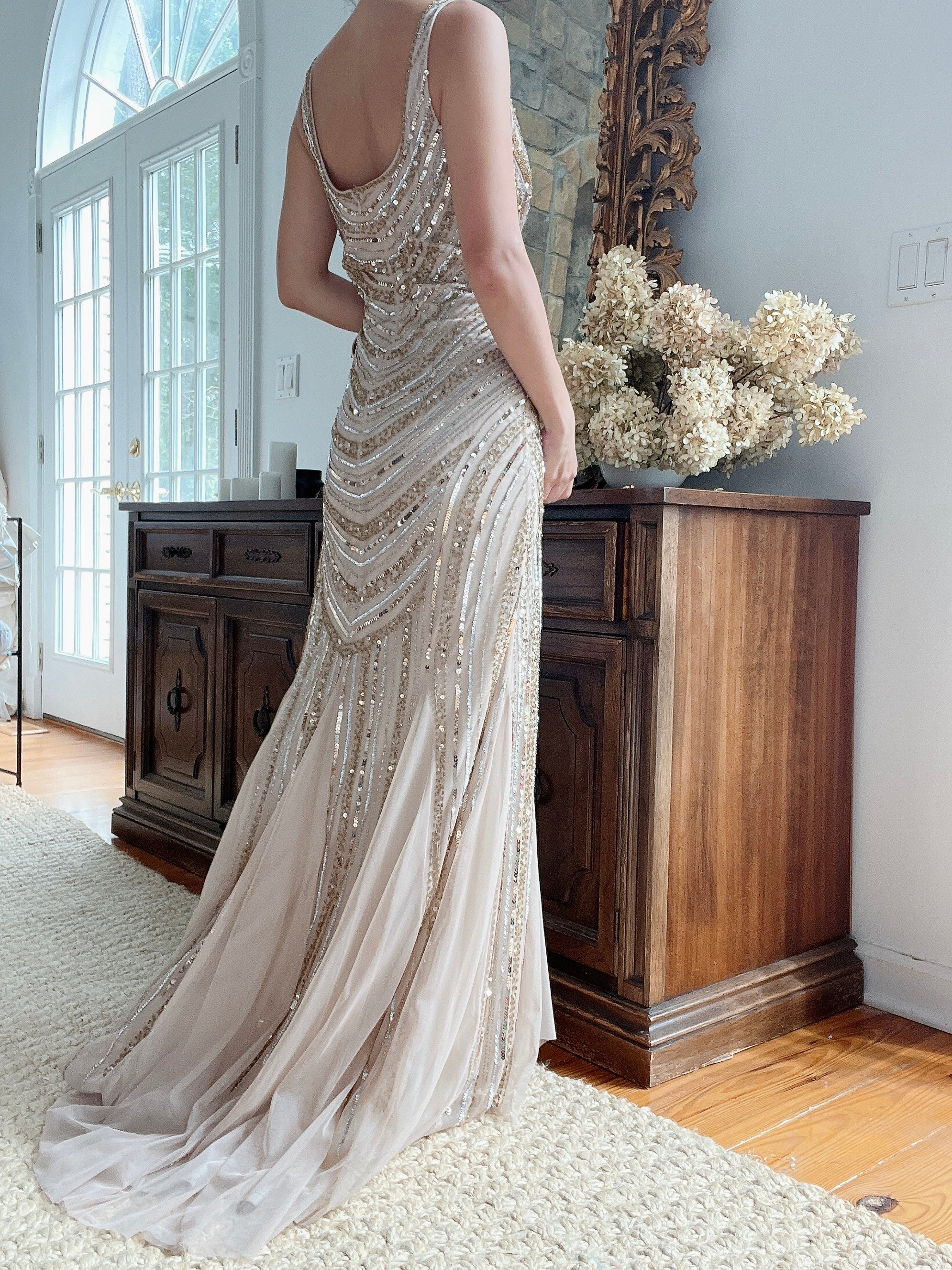 Nude and Gold Beaded Gown - S