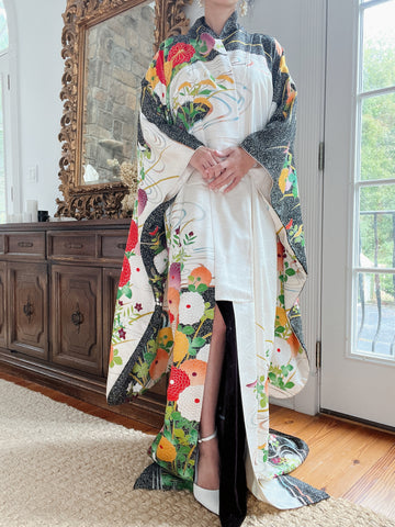 Vintage Silk Black and Green Floral Kimono - OSFA