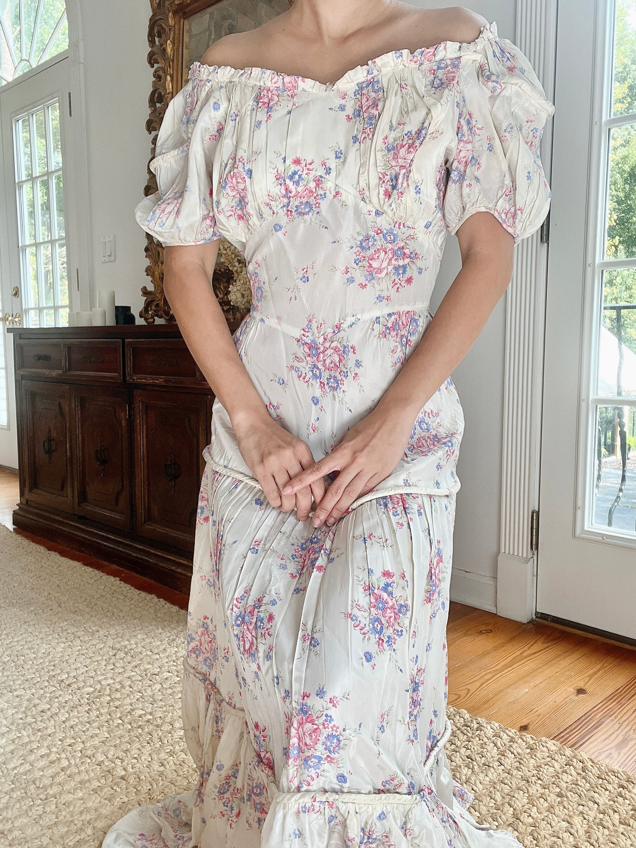 1940s Taffeta Floral Dress - M