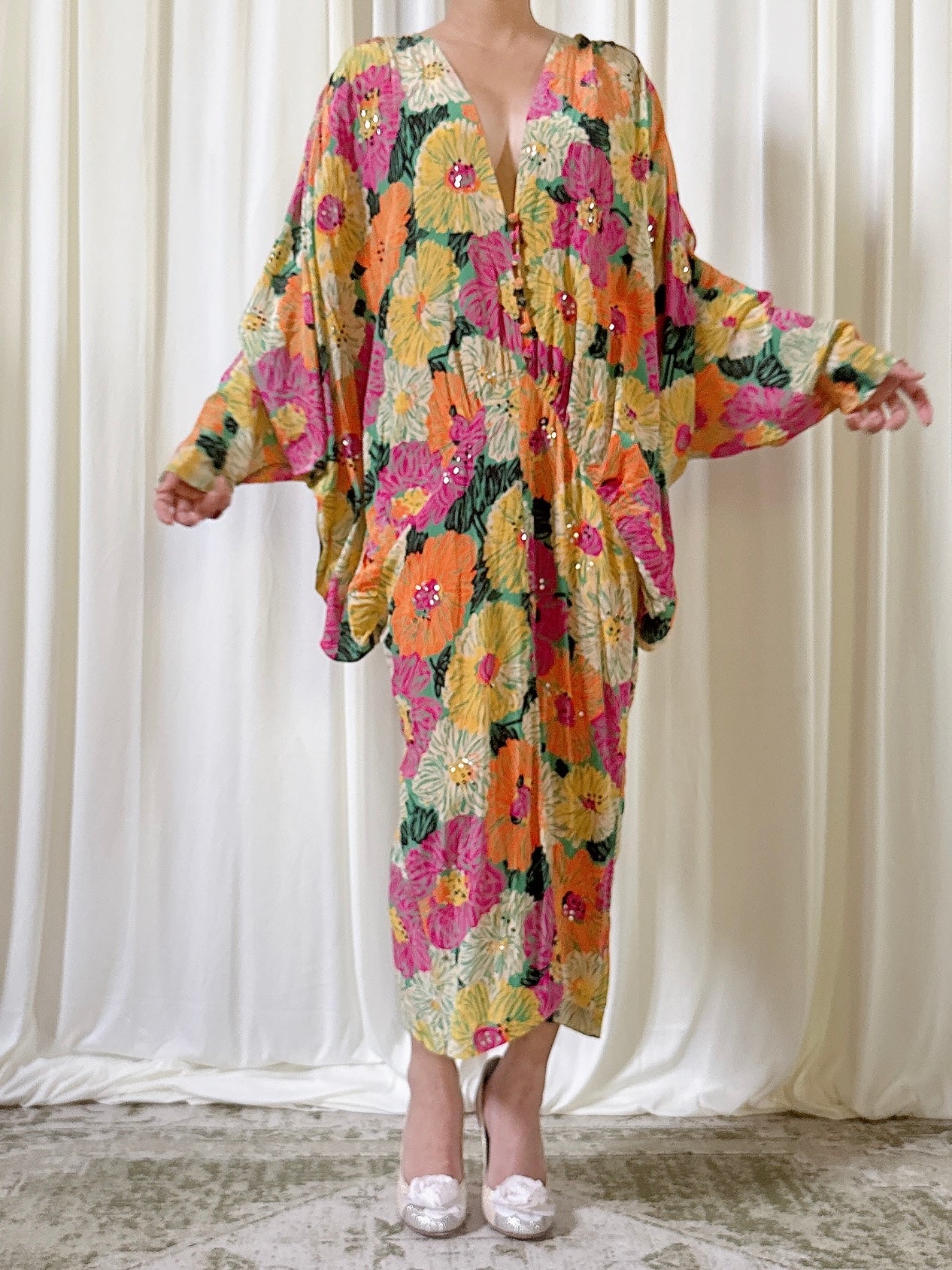 1980s Silk Floral Dress - M