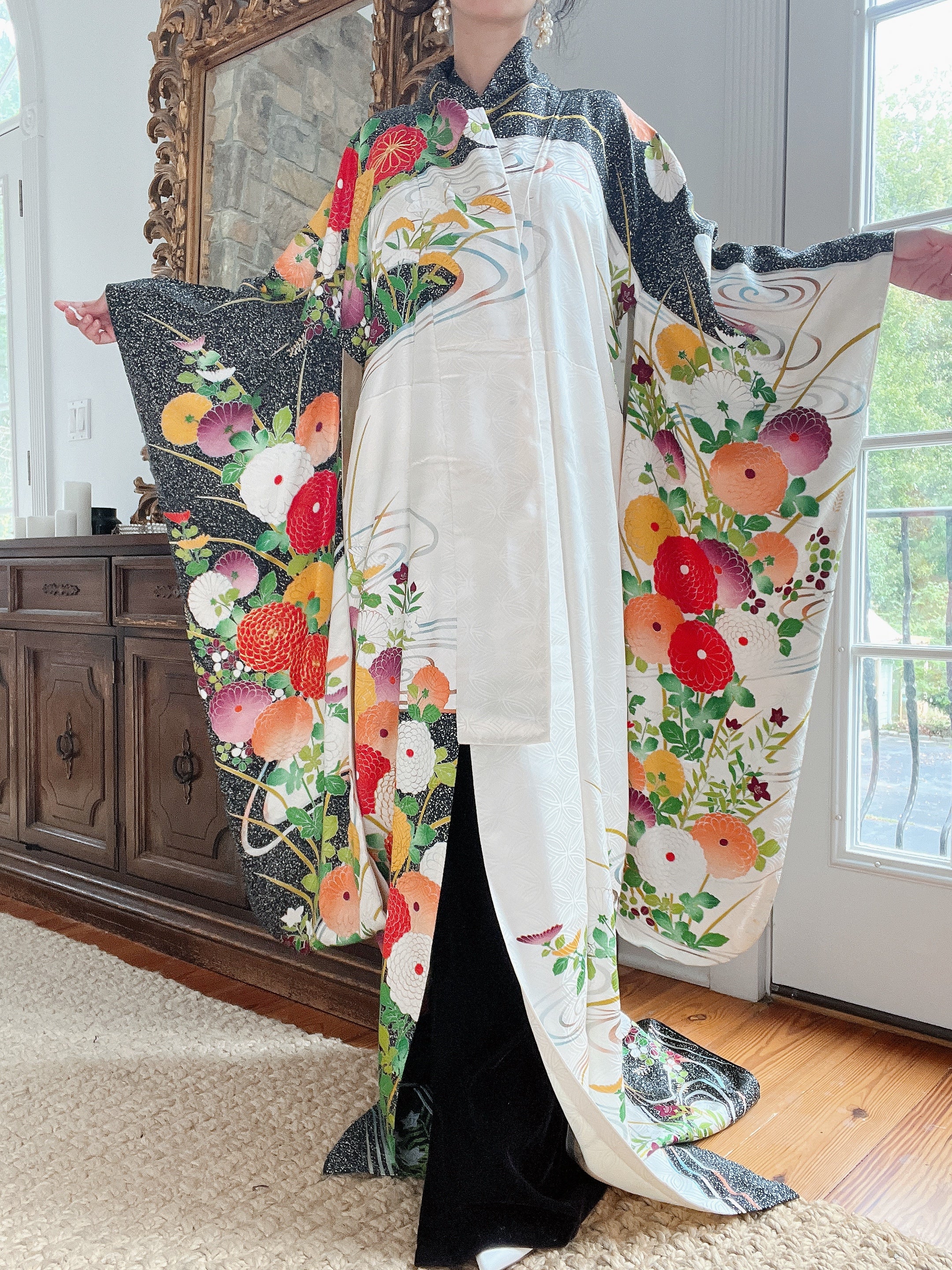 Vintage Silk Black and Green Floral Kimono - OSFA