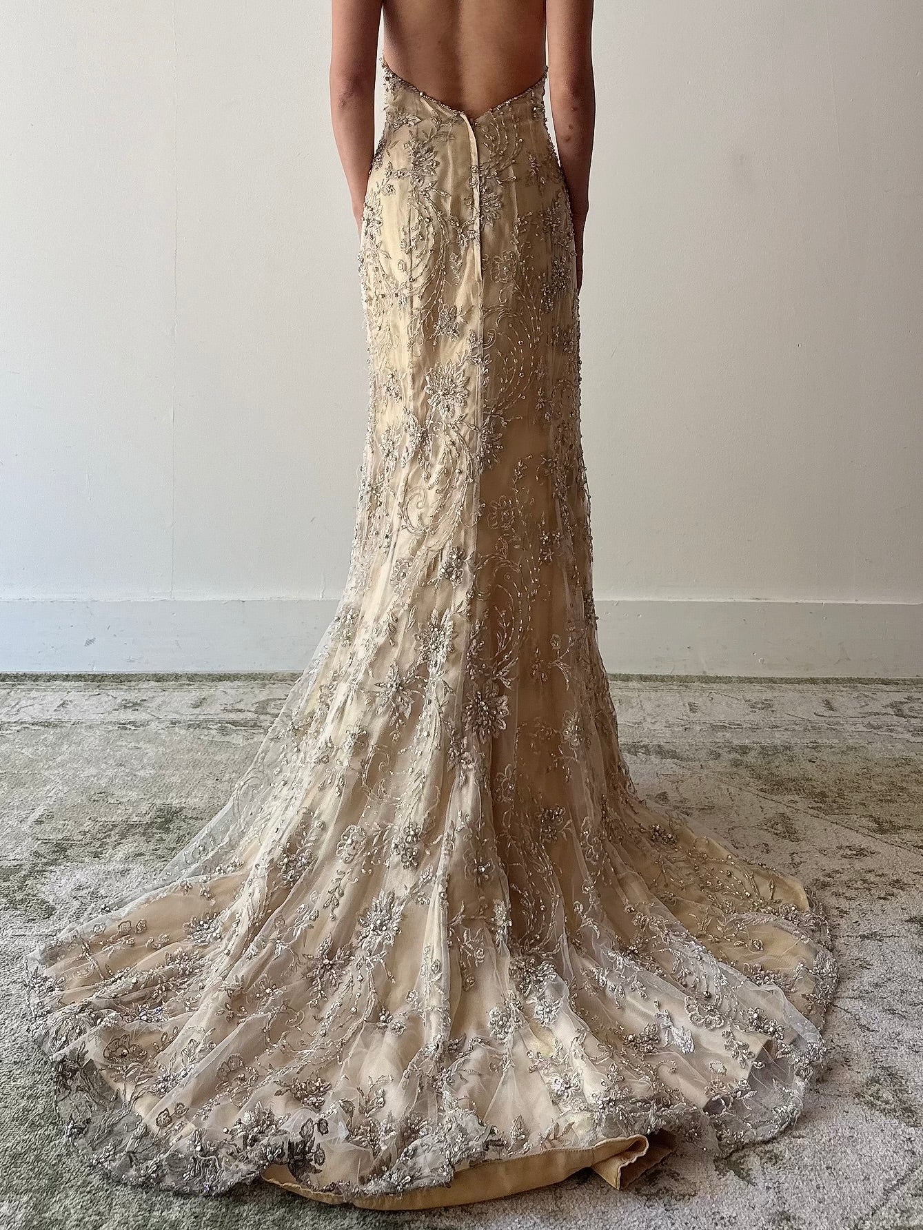 Vintage Gold Beaded Lace Halter Dress - Size 10