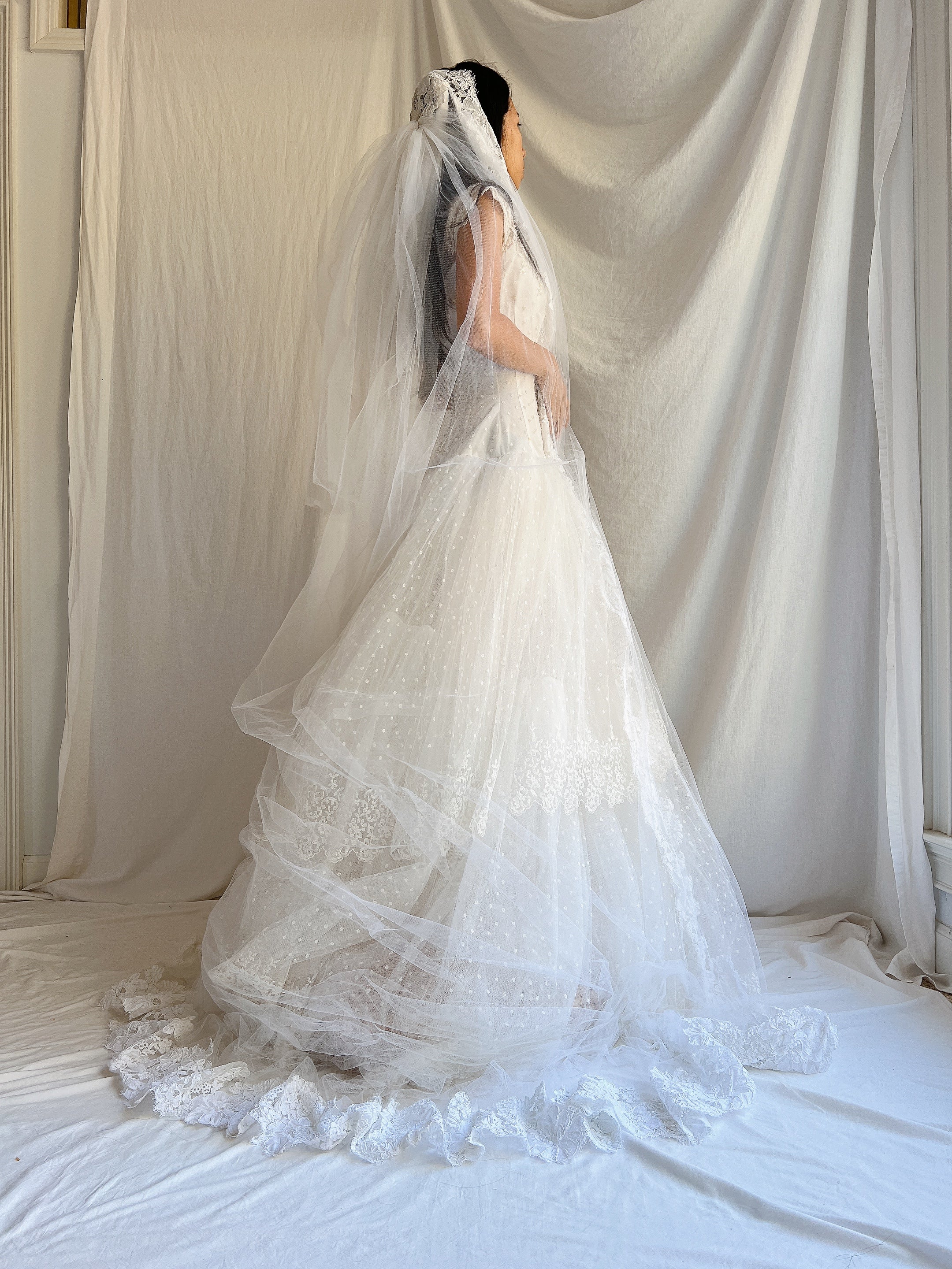 1950s Cathedral Alencon Double Tulle Veil