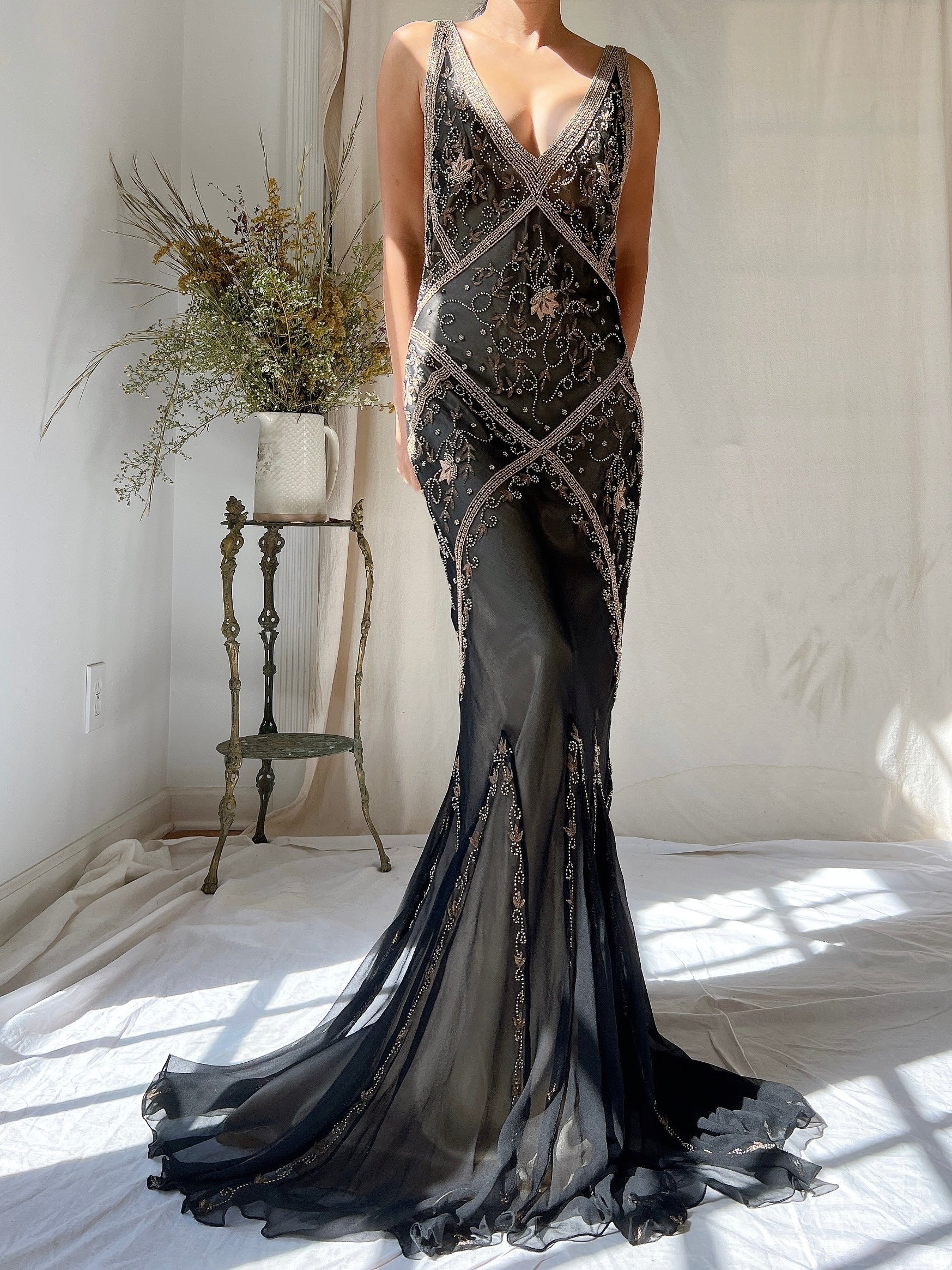 bias cut silk sequin dress 2002 Valentino Ivory Silk Beaded Sequin Cut Out Ties Bias-Cut Gown