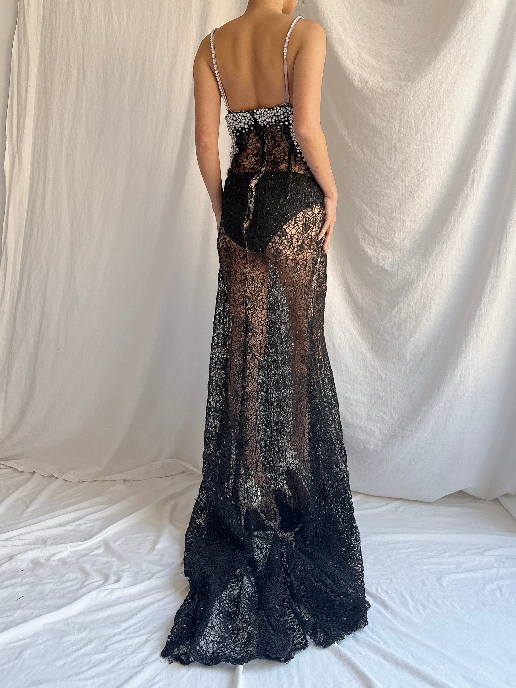 Vintage Spider Lace Beaded Gown - S/M