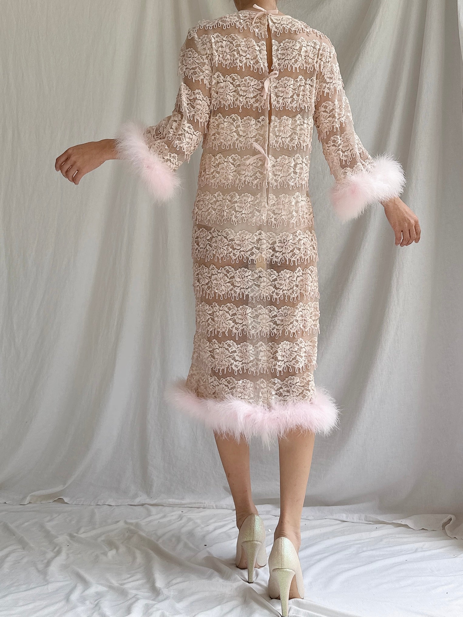 1960s Pink Beaded Dress with Feather Trim - S/M