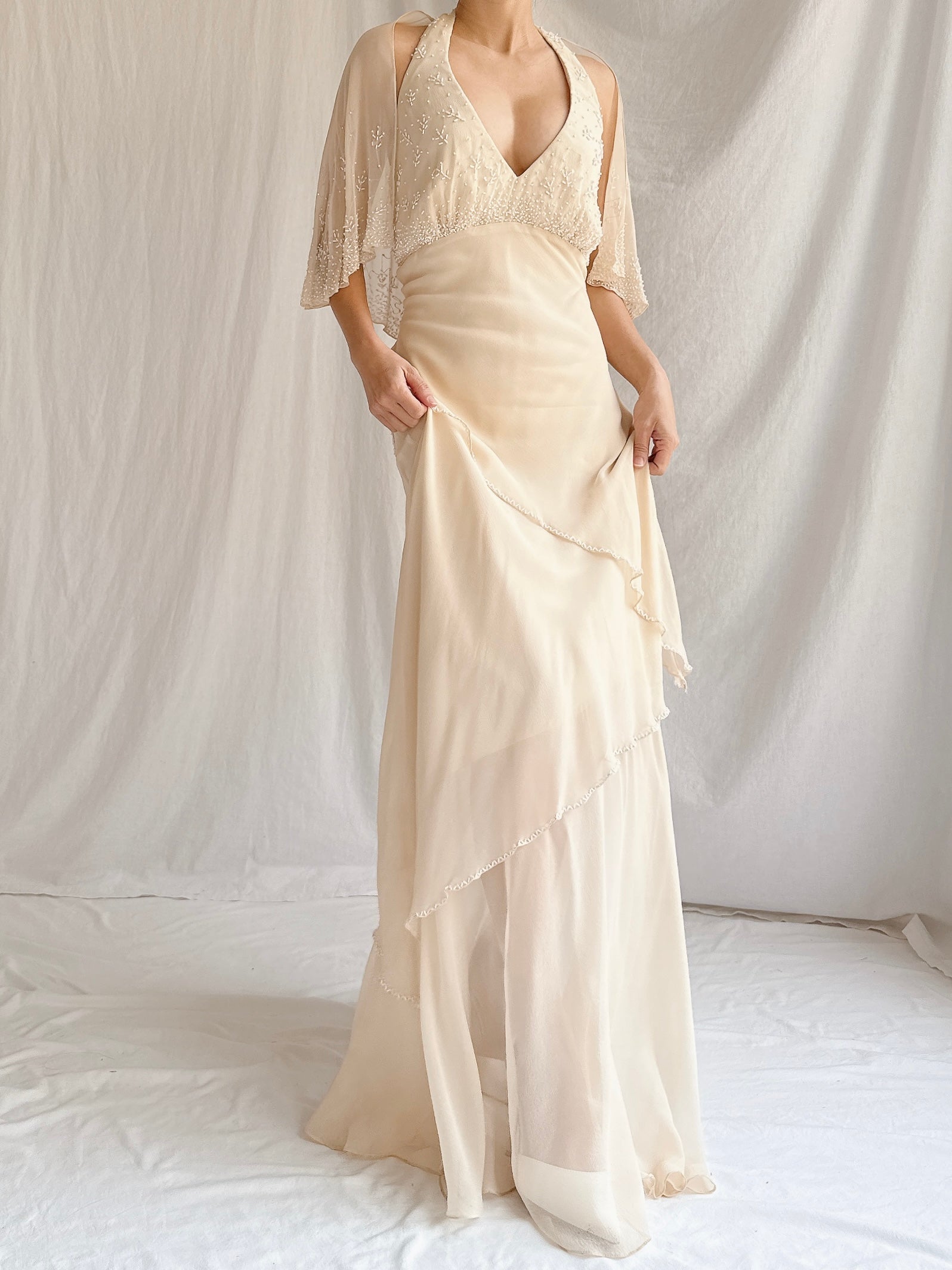 Vintage Almond Silk Cape Gown - M