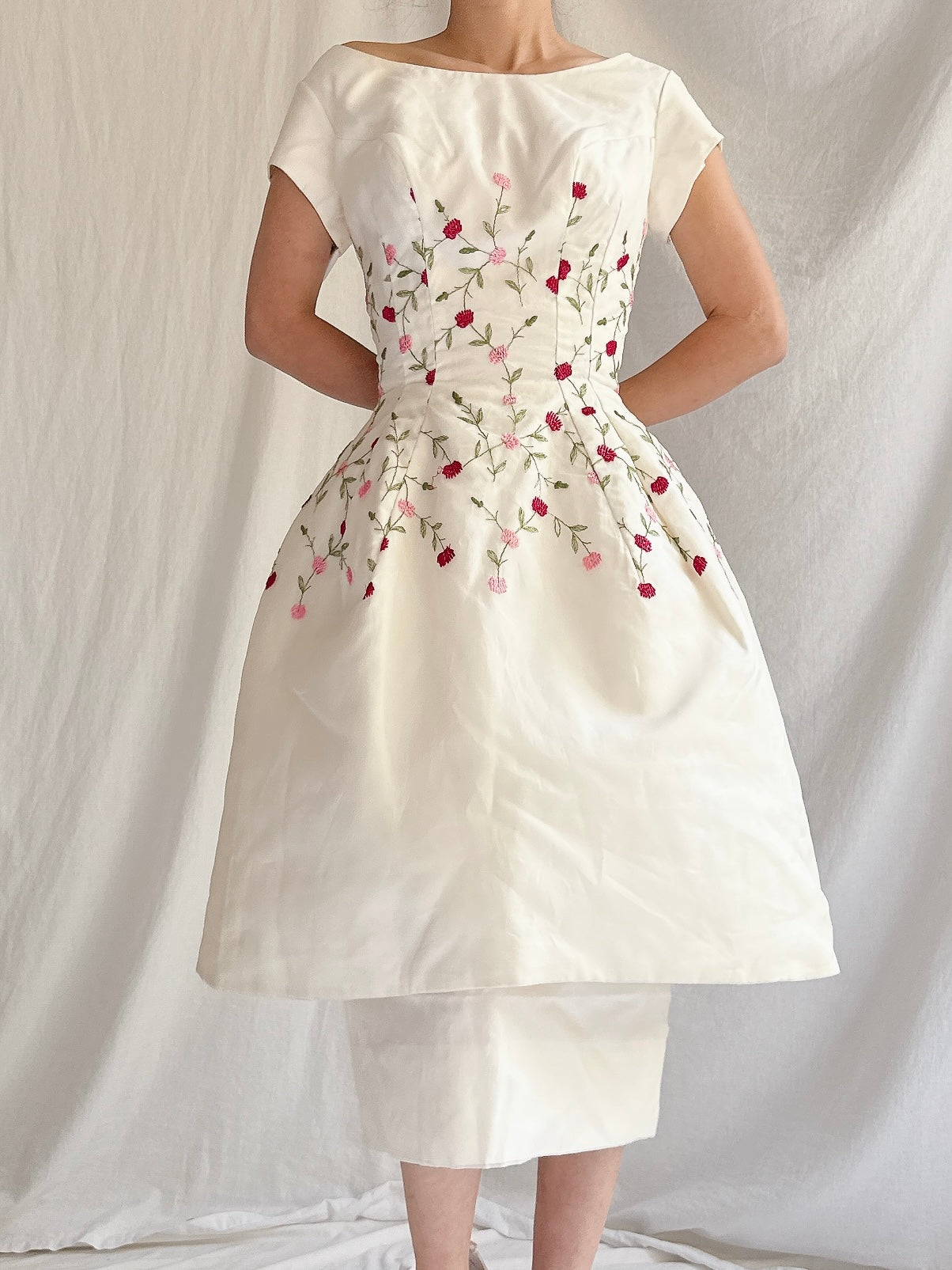 1960s Embroidered Peplum Dress - S