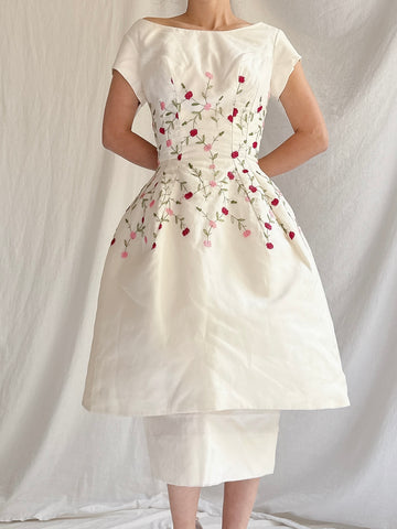 1960s Embroidered Peplum Dress - S
