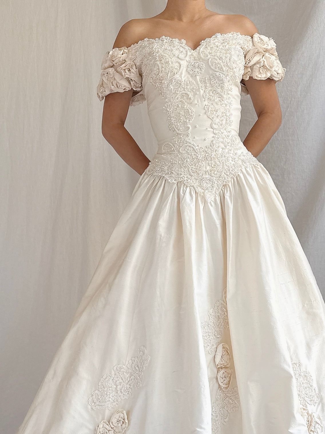 Vintage Silk Rosette Off-the-Shoulder Gown - M