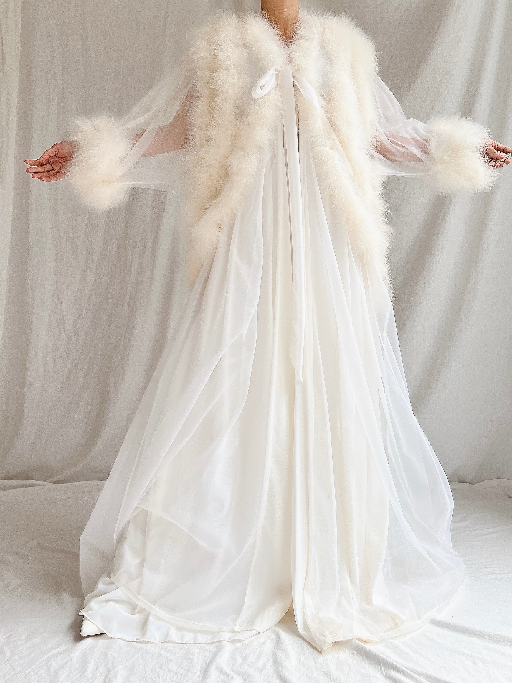 sheer dressing gown with fur trim Pink Long Marabou Fur Edge Robe with Slip Dress