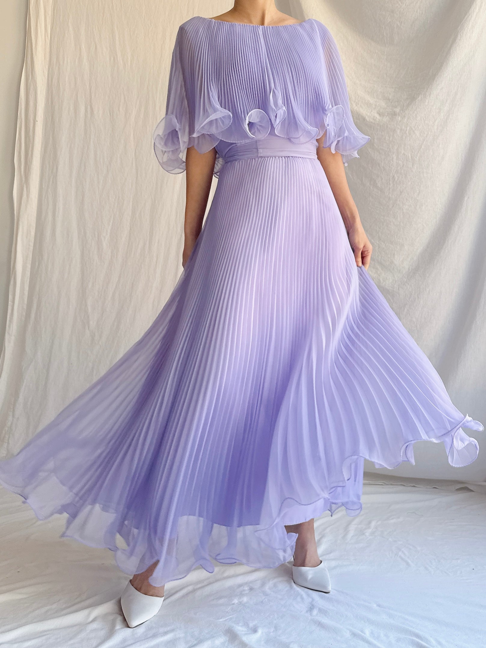 Vintage Pleated Chiffon Midi Dress - M