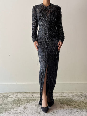 1980s Midnight Blue Silk Beaded Gown - M