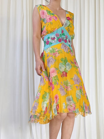 Vintage Yellow Floral Dress - M