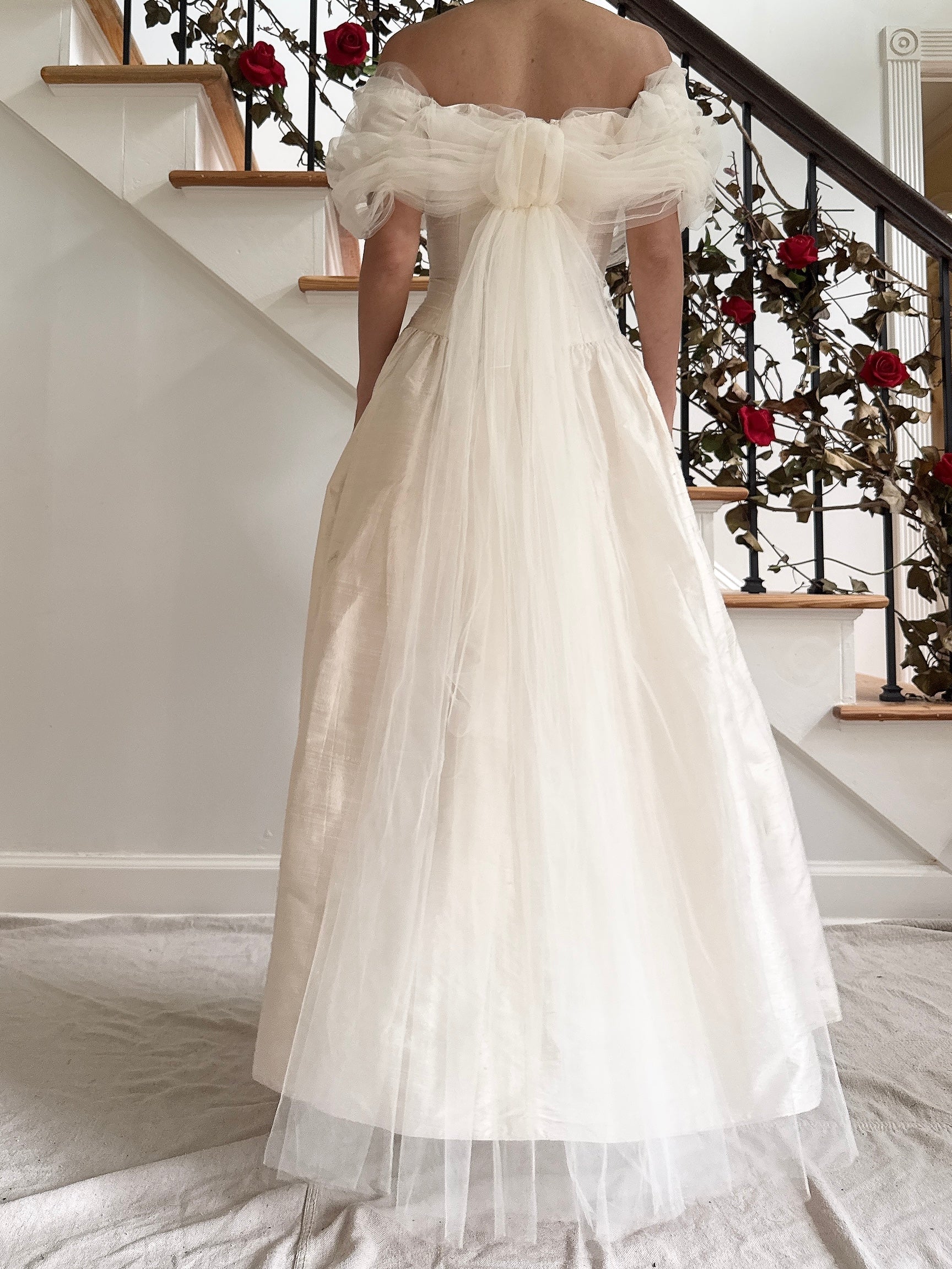 Vintage Raw Silk Tulle Dress Off The Shoulder - S/M