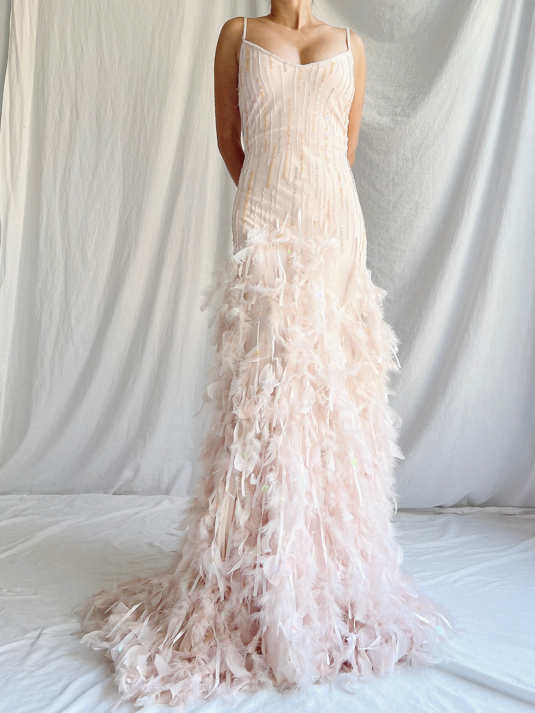 Vintage Blush Silk Feathered Gown - M