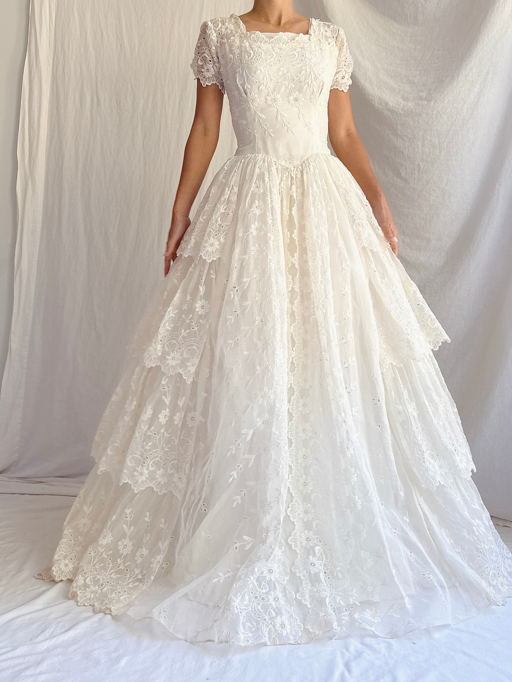 1950s Tiered Organdy Embroidered Gown - XS